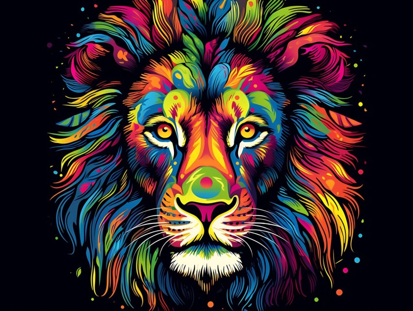 Colorful Lion Face Head Vivid Colors Pop Art Vector Illustrations Black Background (46)