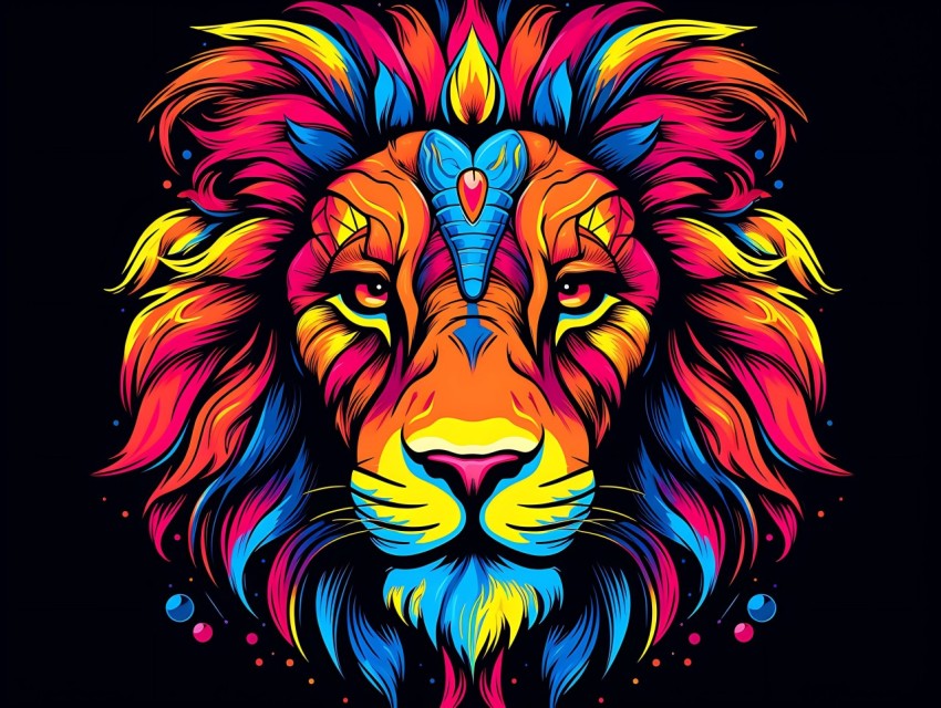 Colorful Lion Face Head Vivid Colors Pop Art Vector Illustrations Black Background (3)