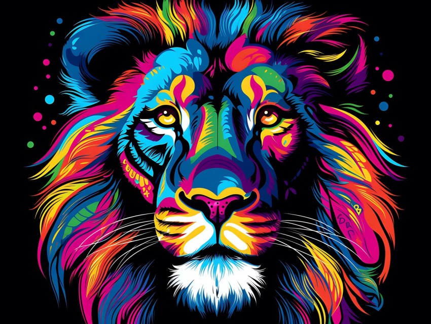 Colorful Lion Face Head Vivid Colors Pop Art Vector Illustrations Black Background (9)