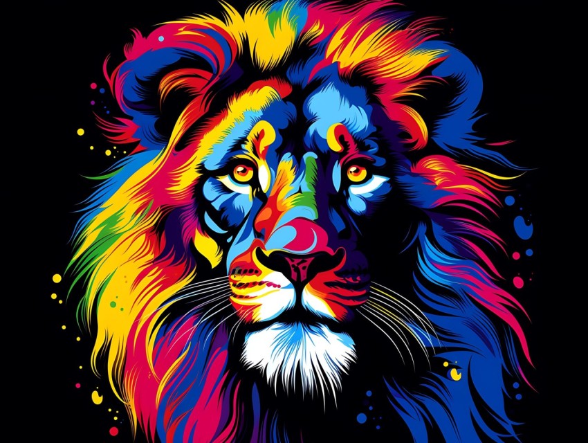 Colorful Lion Face Head Vivid Colors Pop Art Vector Illustrations Black Background (35)