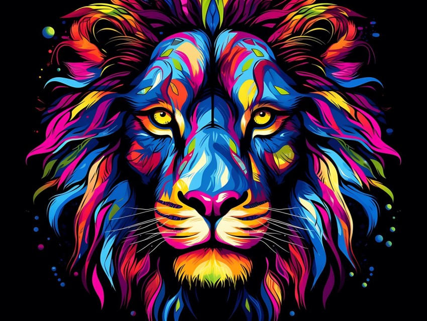 Colorful Lion Face Head Vivid Colors Pop Art Vector Illustrations Black Background (20)