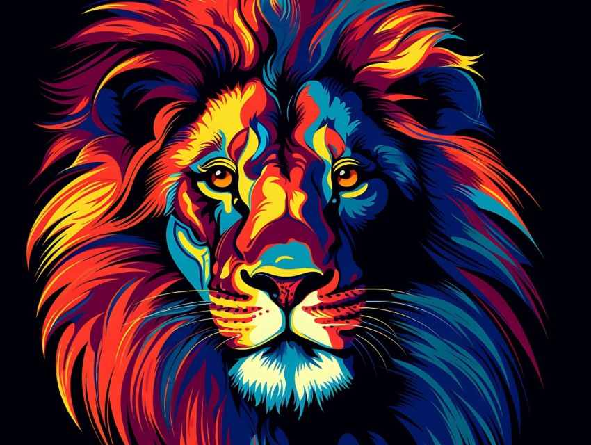 Colorful Lion Face Head Vivid Colors Pop Art Vector Illustrations Black Background (6)