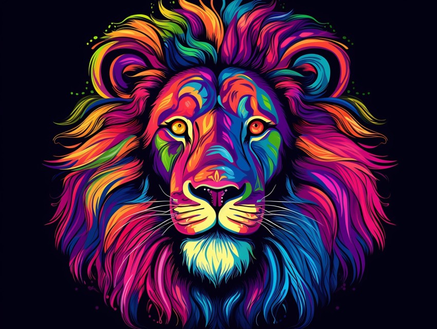 Colorful Lion Face Head Vivid Colors Pop Art Vector Illustrations Black Background (30)