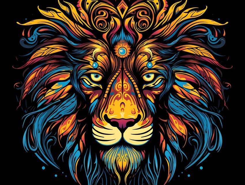Colorful Lion Face Head Vivid Colors Pop Art Vector Illustrations Black Background (39)