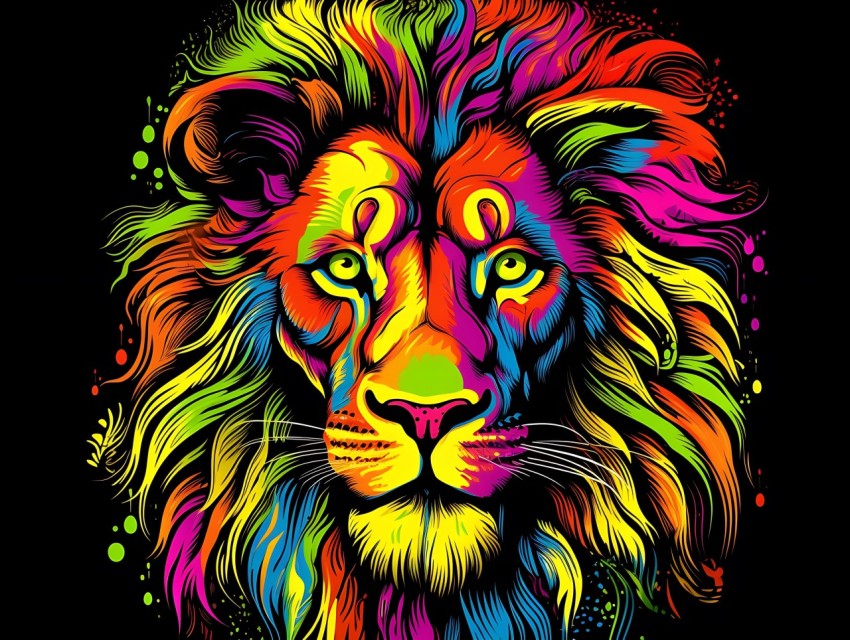 Colorful Lion Face Head Vivid Colors Pop Art Vector Illustrations Black Background (45)