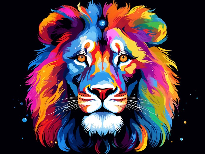 Colorful Lion Face Head Vivid Colors Pop Art Vector Illustrations Black Background (97)