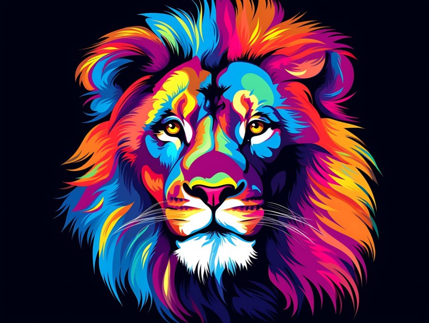Colorful Lion Face Head Vivid Colors Pop Art Vector Illustrations Black Background (90)