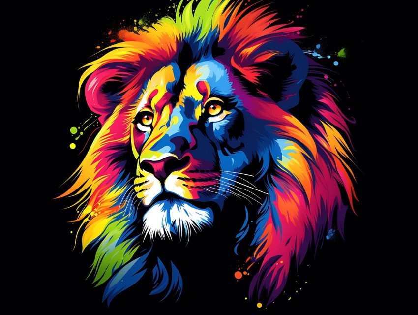 Colorful Lion Face Head Vivid Colors Pop Art Vector Illustrations Black Background (86)