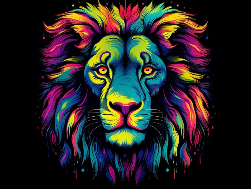 Colorful Lion Face Head Vivid Colors Pop Art Vector Illustrations Black Background (85)