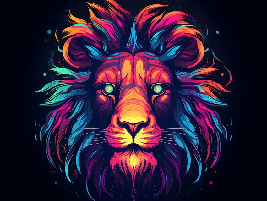 Colorful Lion Face Head Vivid Colors Pop Art Vector Illustrations Black Background (81)