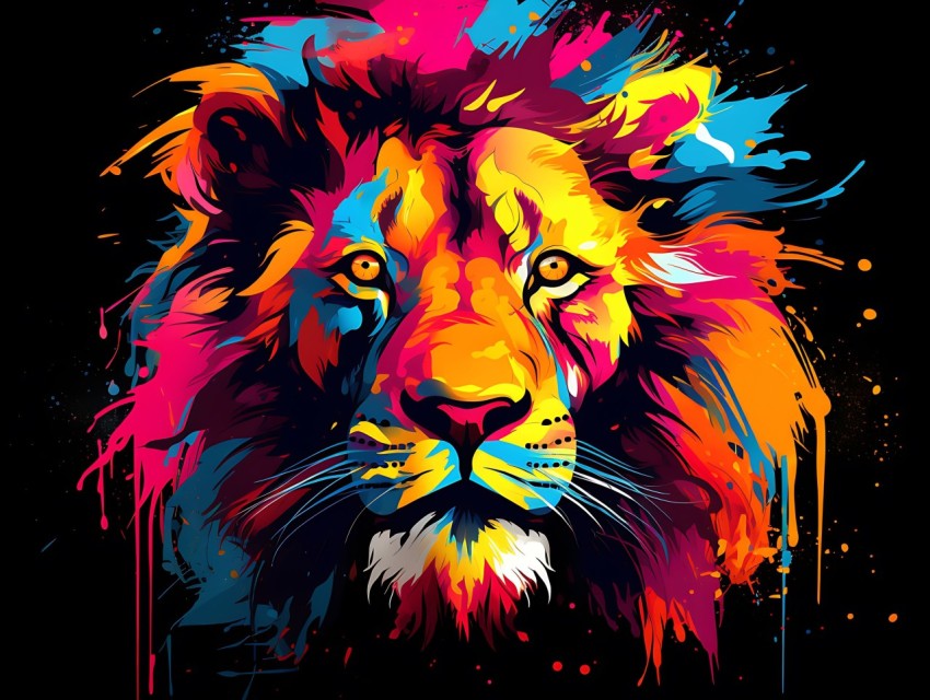 Colorful Lion Face Head Vivid Colors Pop Art Vector Illustrations Black Background (59)