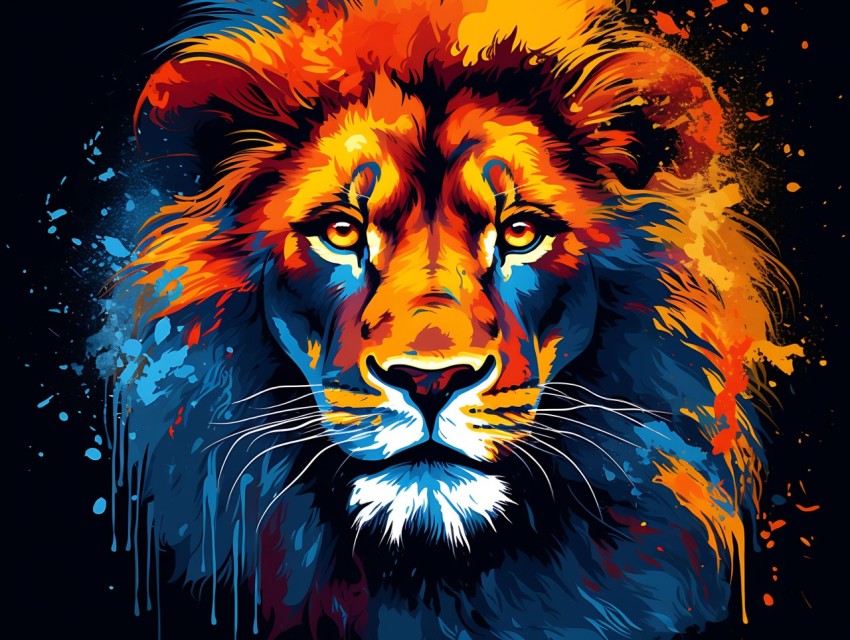 Colorful Lion Face Head Vivid Colors Pop Art Vector Illustrations Black Background (66)