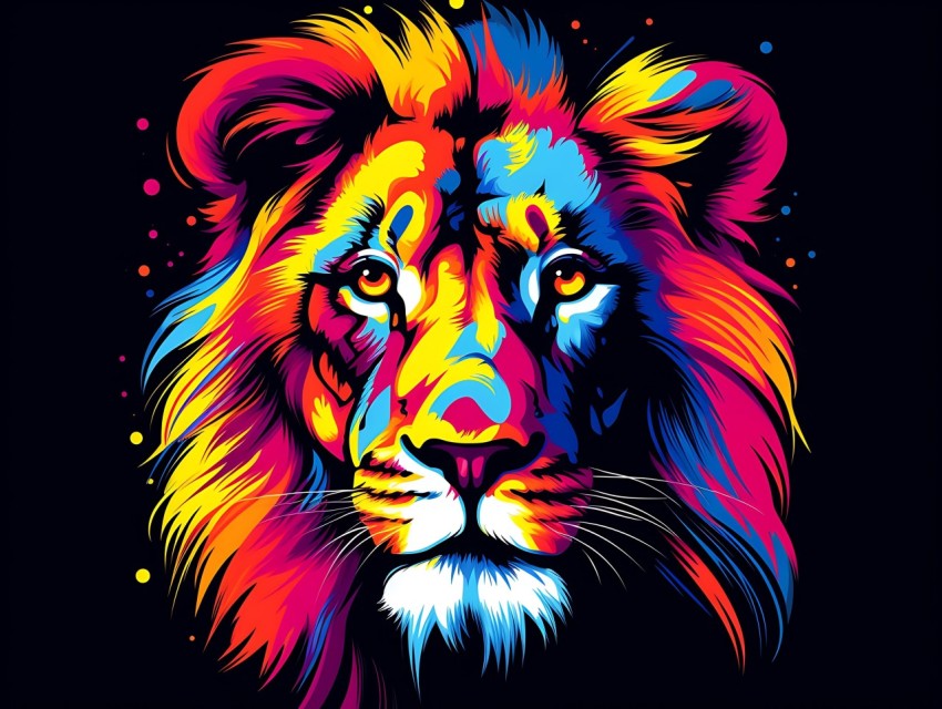 Colorful Lion Face Head Vivid Colors Pop Art Vector Illustrations Black Background (65)