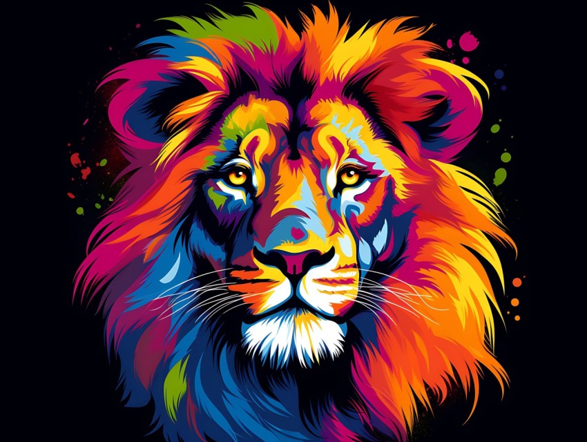 Colorful Lion Face Head Vivid Colors Pop Art Vector Illustrations Black Background (57)