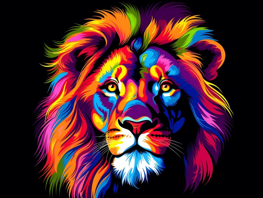 Colorful Lion Face Head Vivid Colors Pop Art Vector Illustrations Black Background (71)