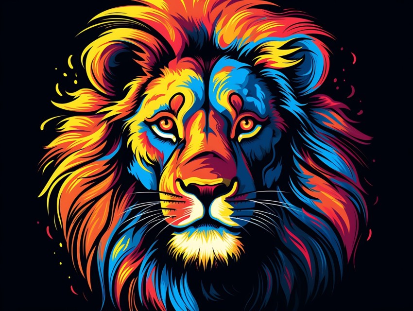 Colorful Lion Face Head Vivid Colors Pop Art Vector Illustrations Black Background (88)