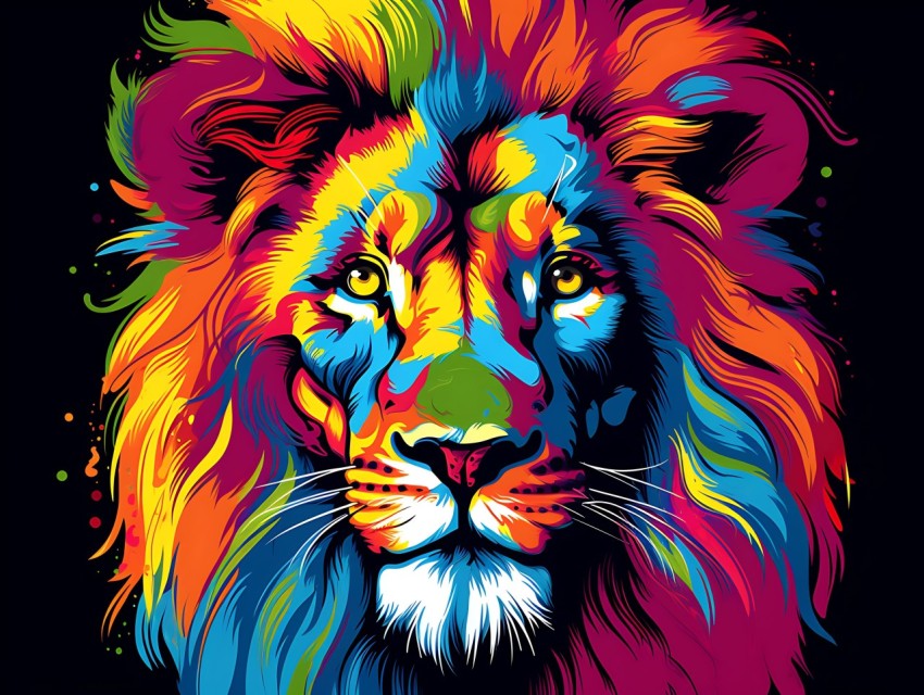 Colorful Lion Face Head Vivid Colors Pop Art Vector Illustrations Black Background (51)