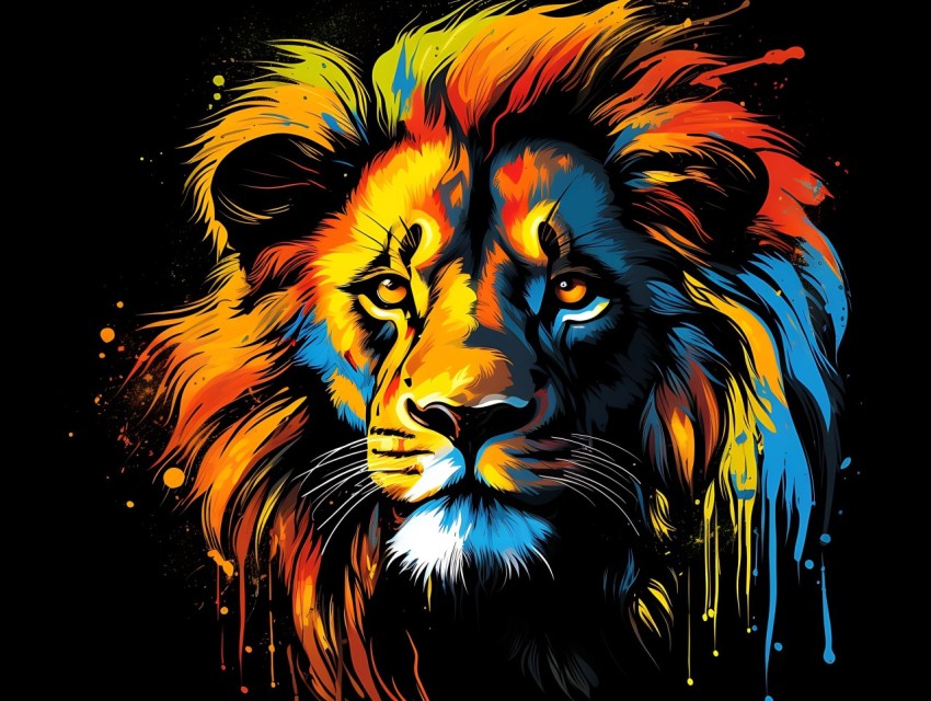 Colorful Lion Face Head Vivid Colors Pop Art Vector Illustrations Black Background (89)