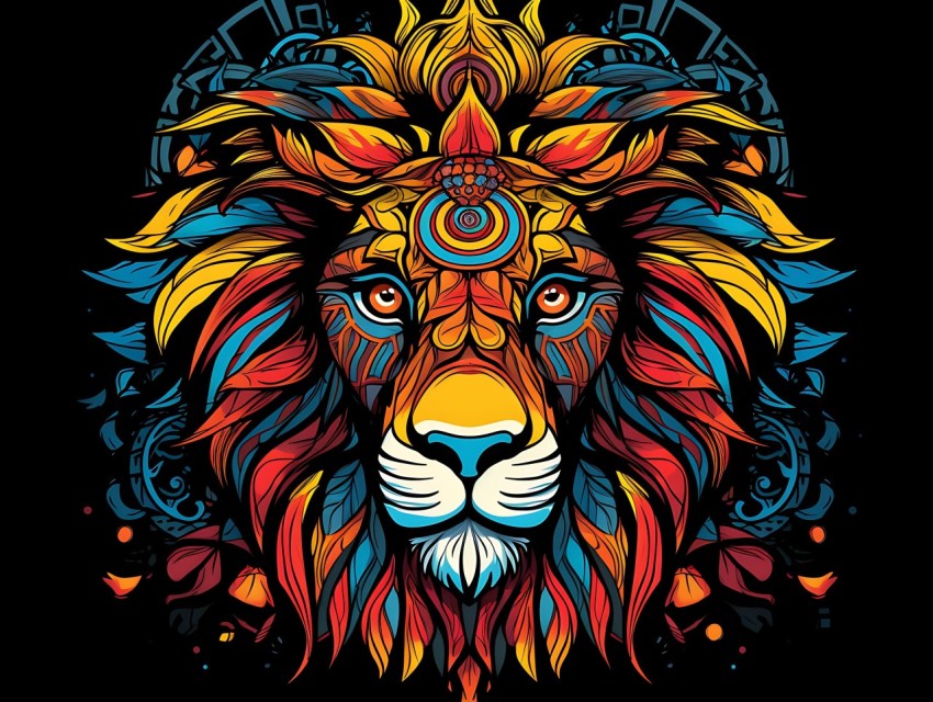 Colorful Lion Face Head Vivid Colors Pop Art Vector Illustrations Black Background (100)