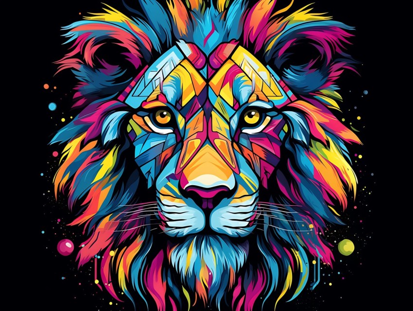 Colorful Lion Face Head Vivid Colors Pop Art Vector Illustrations Black Background (56)