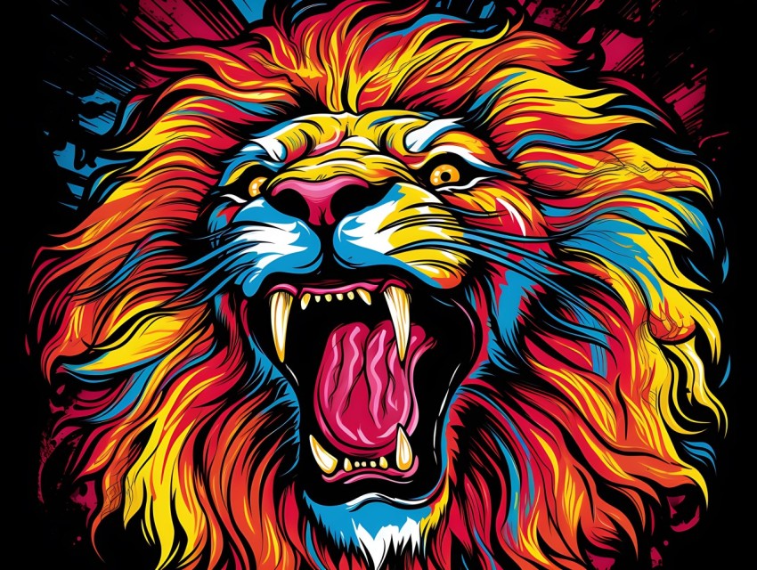 Colorful Lion Face Head Vivid Colors Pop Art Vector Illustrations Black Background (78)