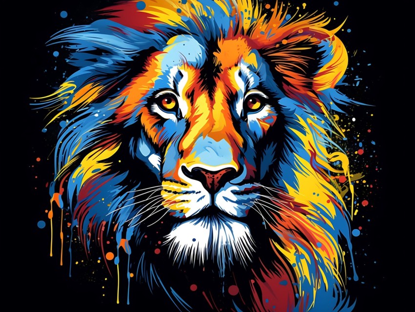 Colorful Lion Face Head Vivid Colors Pop Art Vector Illustrations Black Background (60)