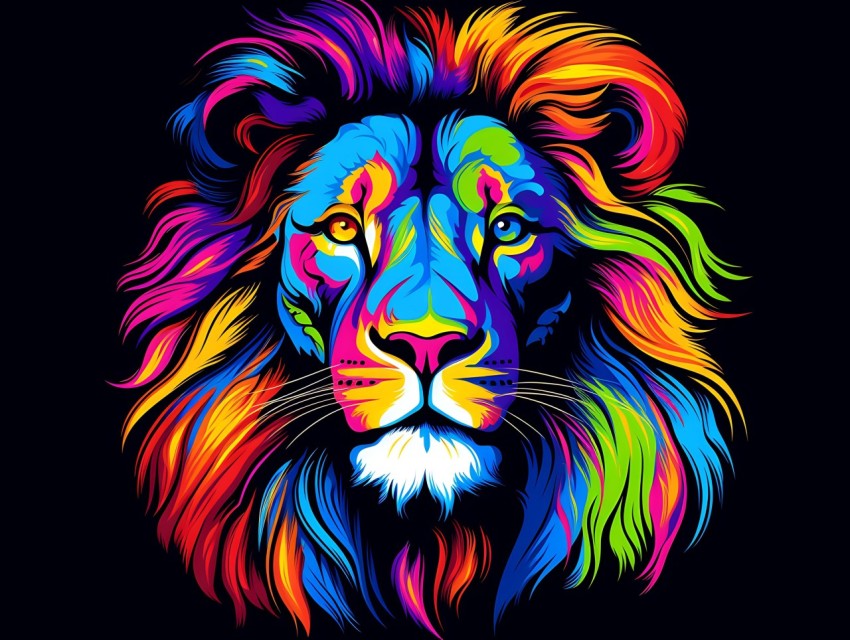 Colorful Lion Face Head Vivid Colors Pop Art Vector Illustrations Black Background (76)