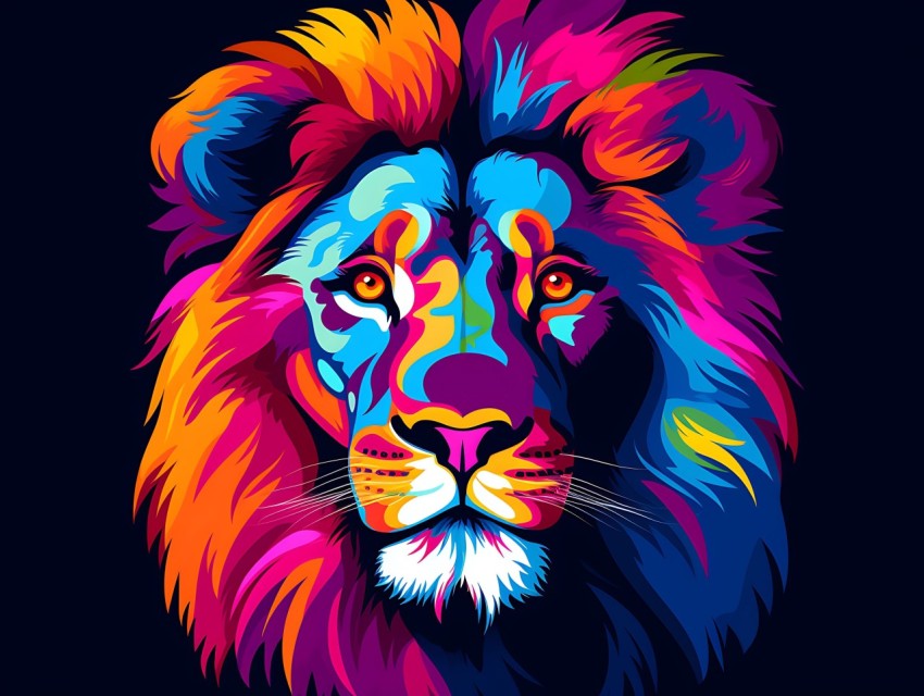 Colorful Lion Face Head Vivid Colors Pop Art Vector Illustrations Black Background (110)