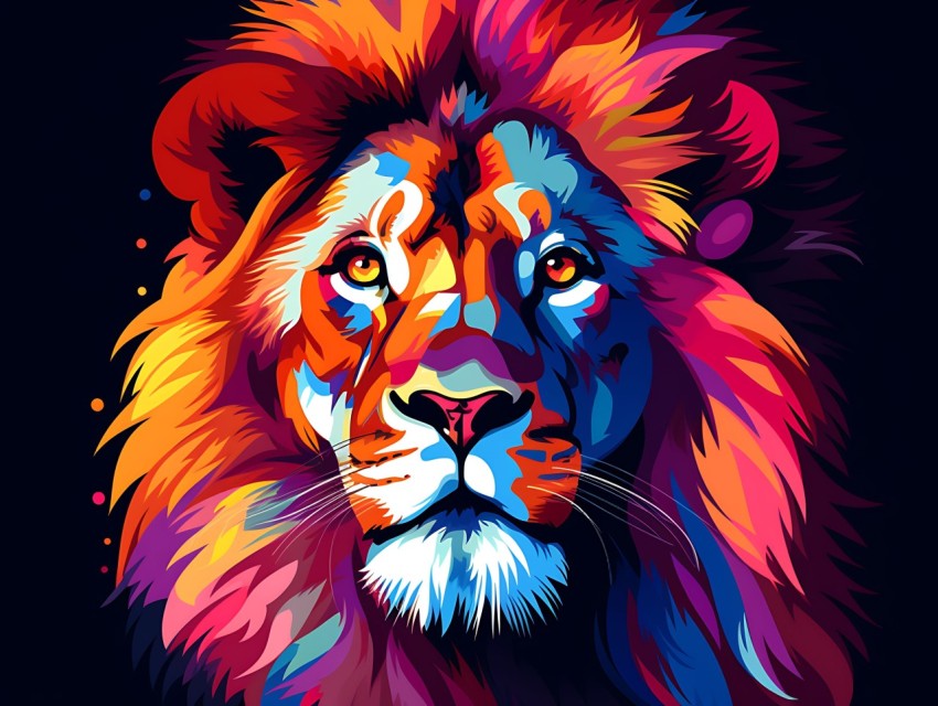 Colorful Lion Face Head Vivid Colors Pop Art Vector Illustrations Black Background (144)