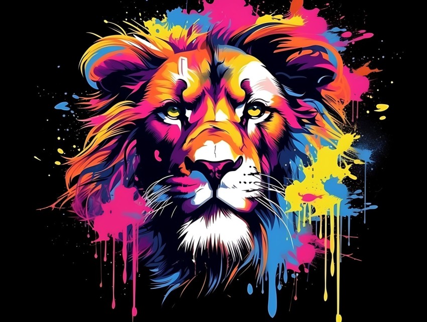 Colorful Lion Face Head Vivid Colors Pop Art Vector Illustrations Black Background (123)