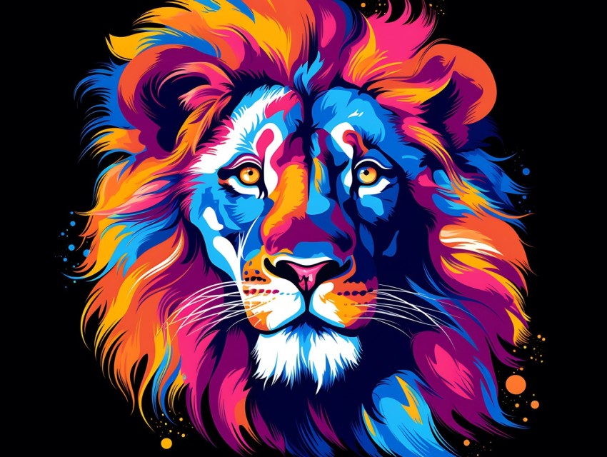 Colorful Lion Face Head Vivid Colors Pop Art Vector Illustrations Black Background (150)
