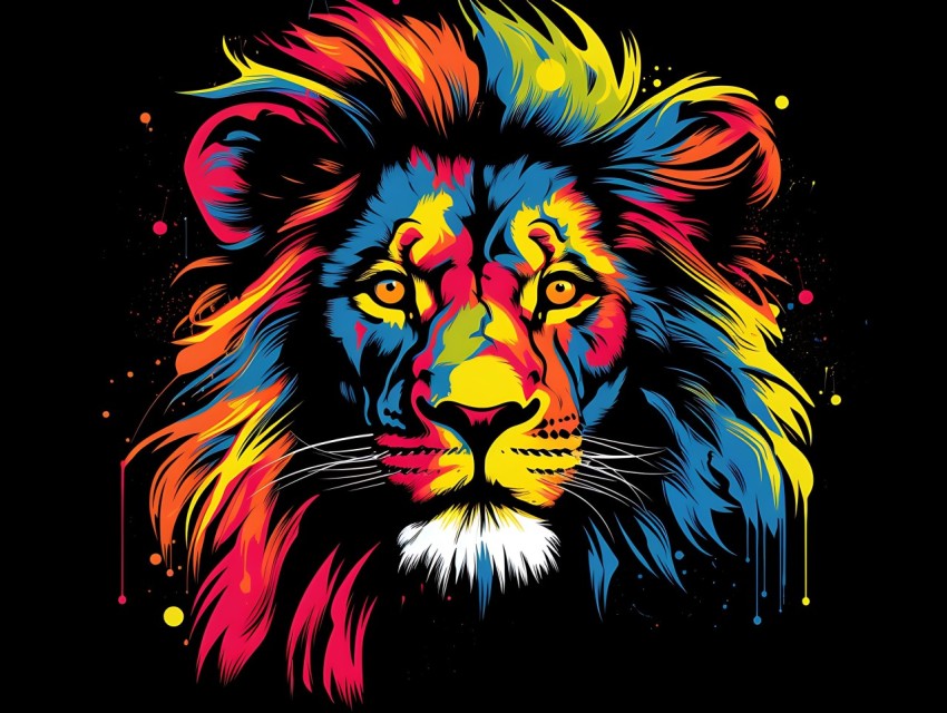Colorful Lion Face Head Vivid Colors Pop Art Vector Illustrations Black Background (133)