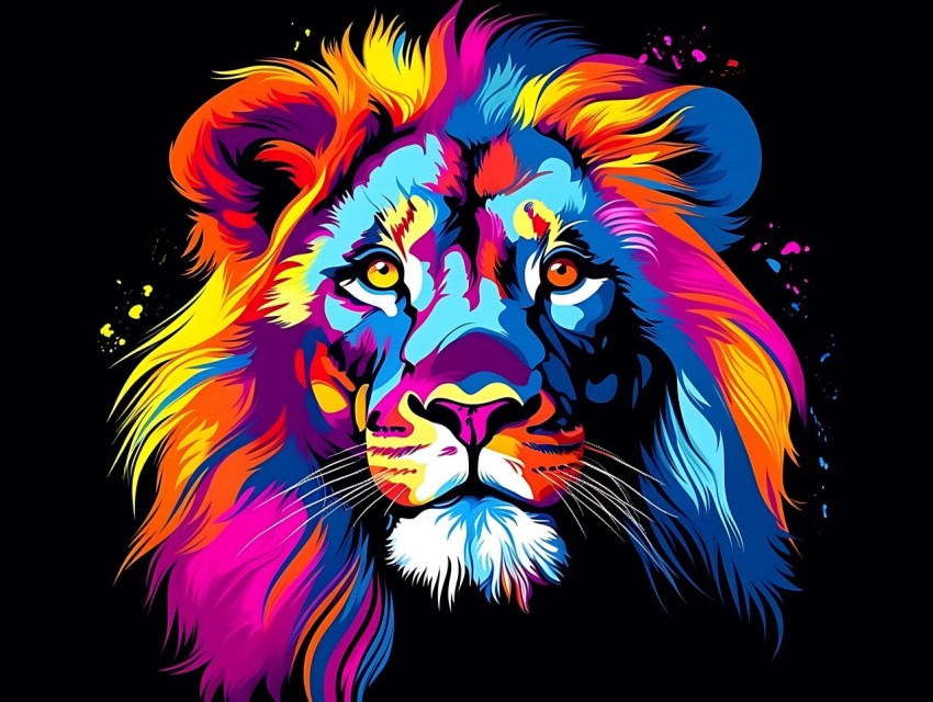 Colorful Lion Face Head Vivid Colors Pop Art Vector Illustrations Black Background (135)