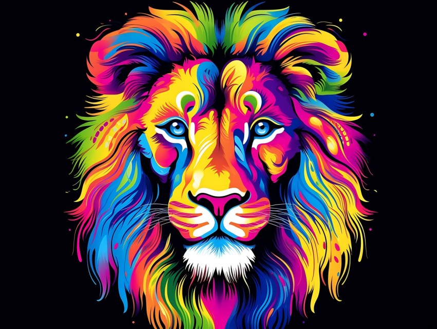 Colorful Lion Face Head Vivid Colors Pop Art Vector Illustrations Black Background (124)