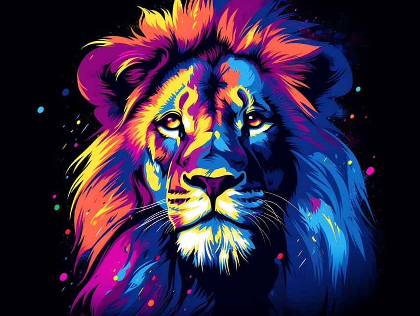 Colorful Lion Face Head Vivid Colors Pop Art Vector Illustrations Black Background (148)