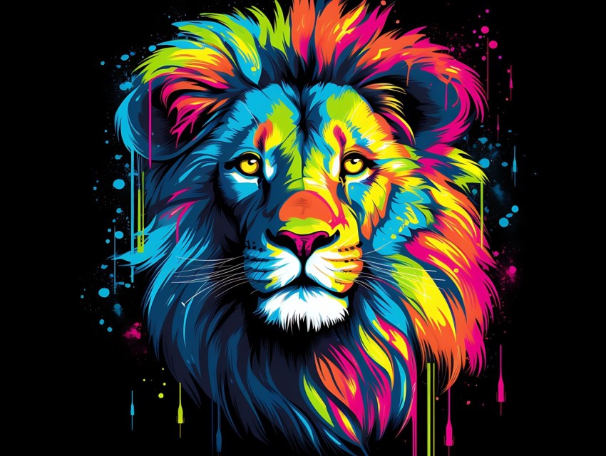 Colorful Lion Face Head Vivid Colors Pop Art Vector Illustrations Black Background (115)