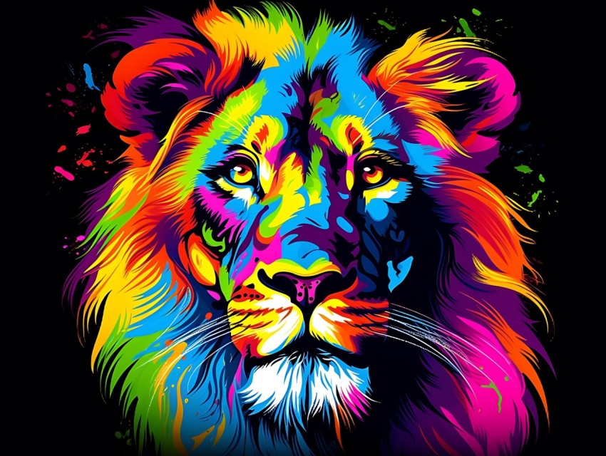 Colorful Lion Face Head Vivid Colors Pop Art Vector Illustrations Black Background (126)