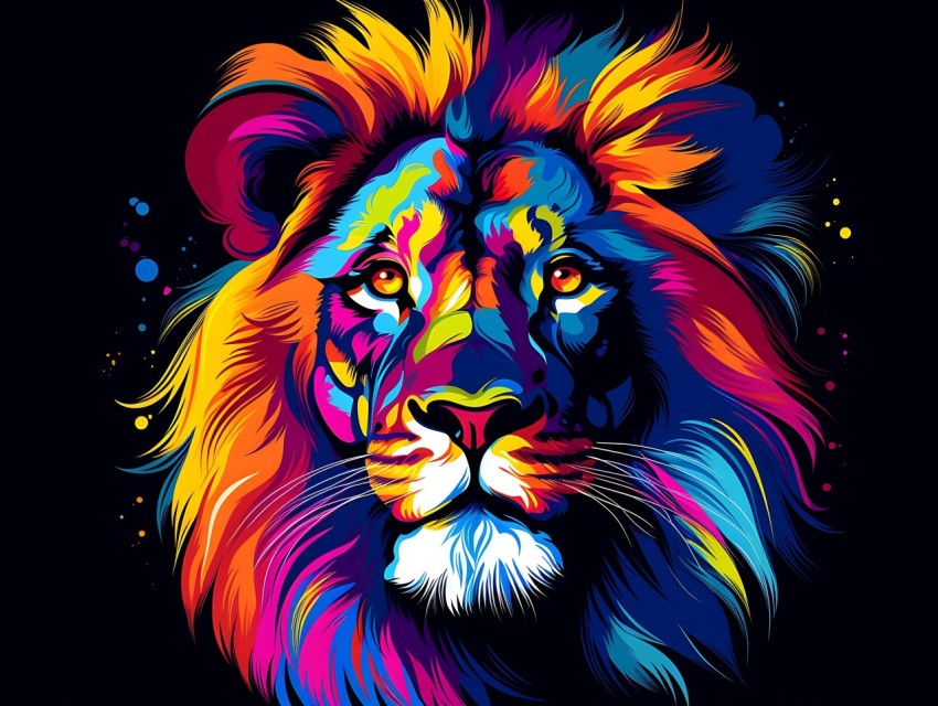 Colorful Lion Face Head Vivid Colors Pop Art Vector Illustrations Black Background (113)