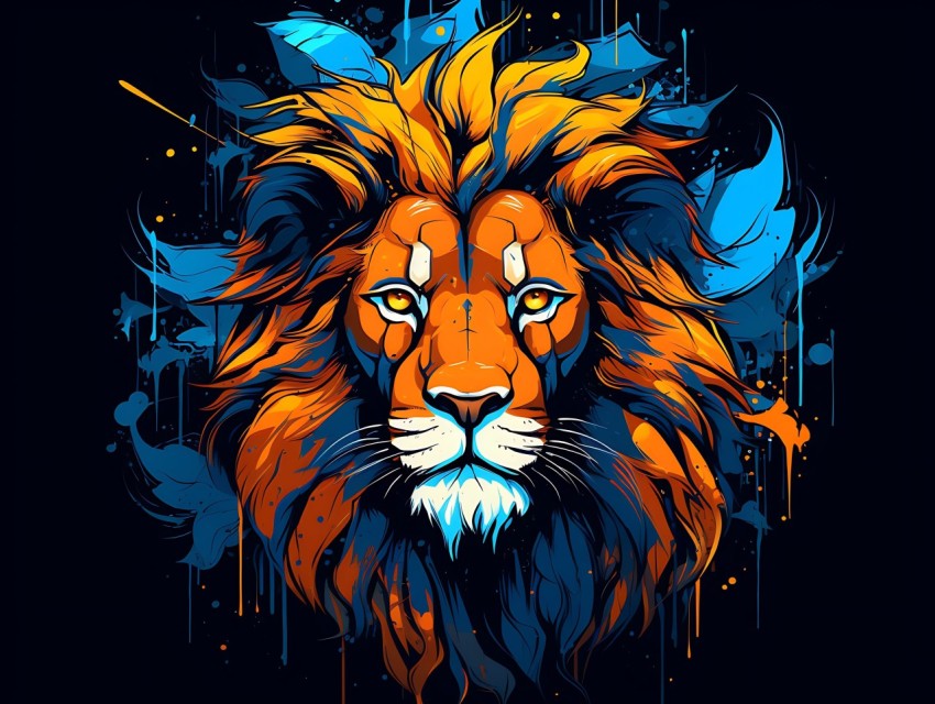 Colorful Lion Face Head Vivid Colors Pop Art Vector Illustrations Black Background (127)