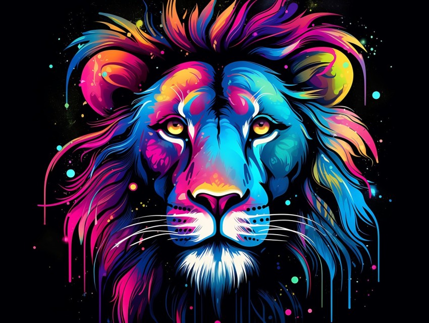 Colorful Lion Face Head Vivid Colors Pop Art Vector Illustrations Black Background (116)