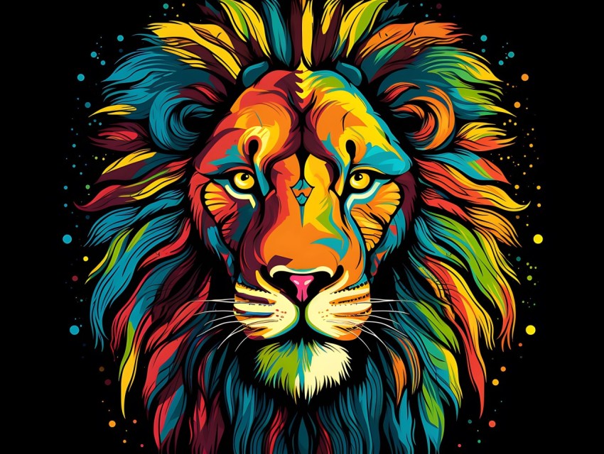 Colorful Lion Face Head Vivid Colors Pop Art Vector Illustrations Black Background (137)