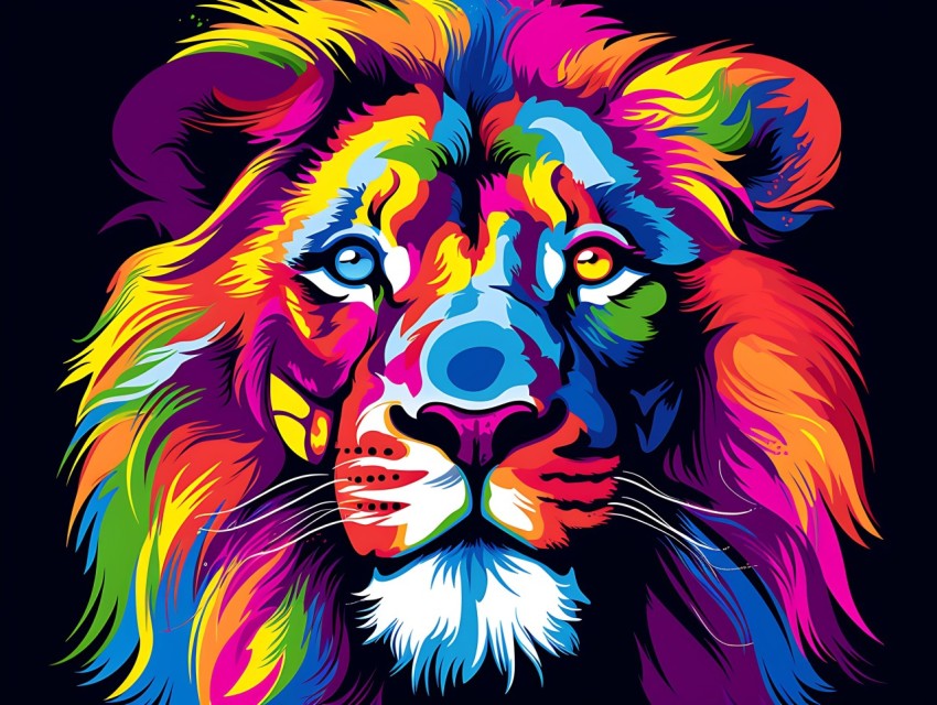 Colorful Lion Face Head Vivid Colors Pop Art Vector Illustrations Black Background (142)