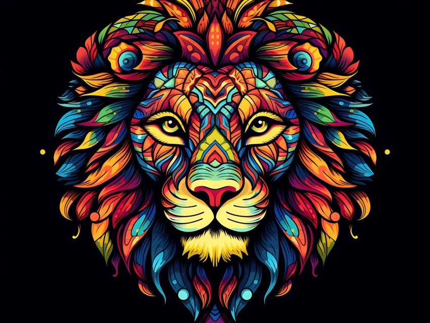 Colorful Lion Face Head Vivid Colors Pop Art Vector Illustrations Black Background (107)