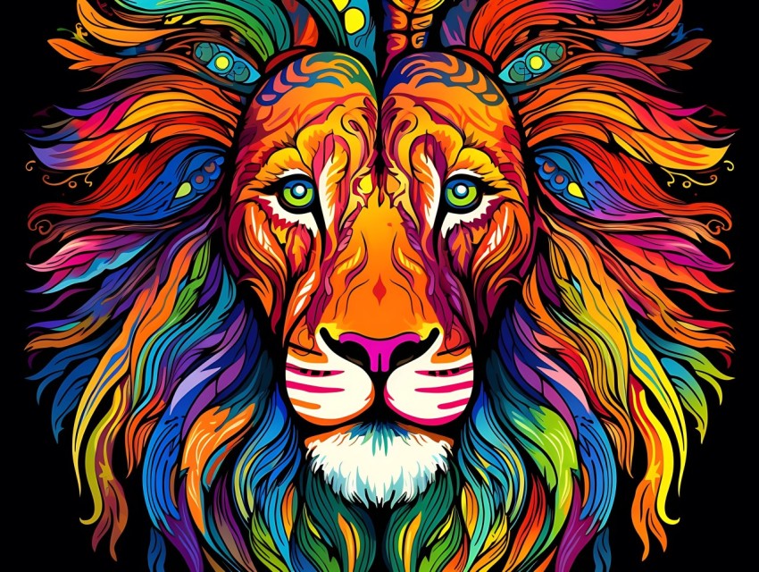 Colorful Lion Face Head Vivid Colors Pop Art Vector Illustrations Black Background (105)