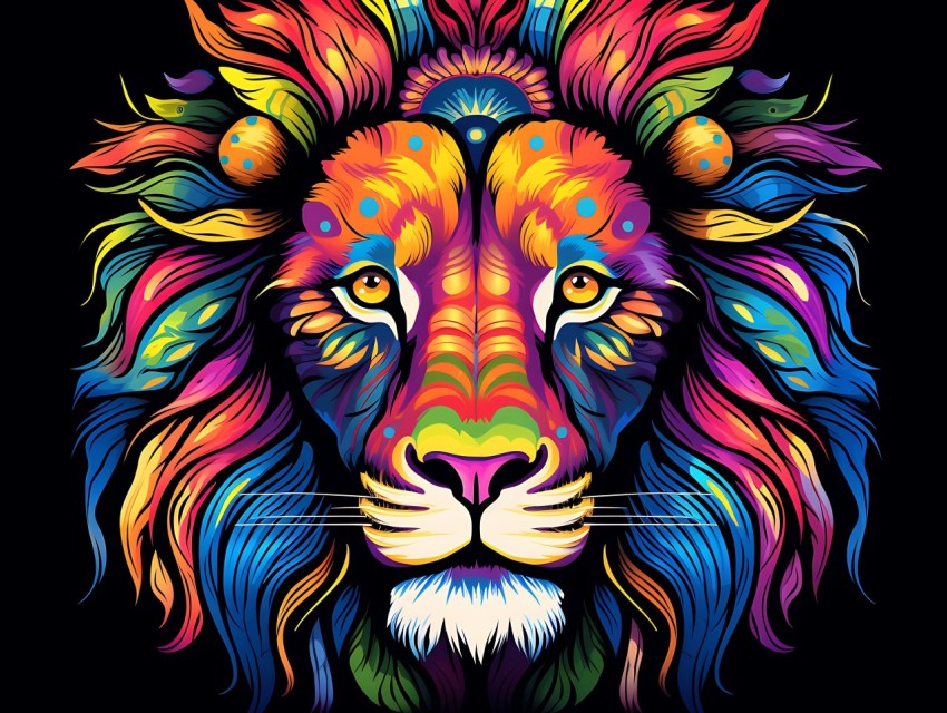 Colorful Lion Face Head Vivid Colors Pop Art Vector Illustrations Black Background (121)