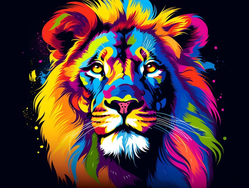 Colorful Lion Face Head Vivid Colors Pop Art Vector Illustrations Black Background (132)