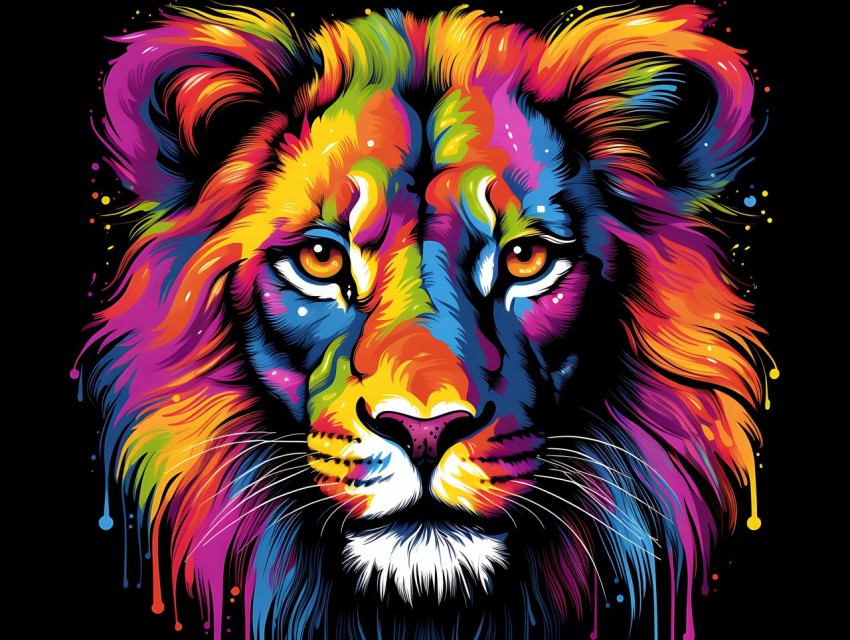 Colorful Lion Face Head Vivid Colors Pop Art Vector Illustrations Black Background (104)