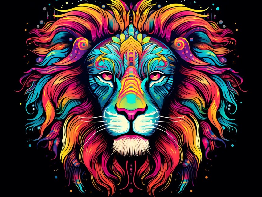 Colorful Lion Face Head Vivid Colors Pop Art Vector Illustrations Black Background (120)