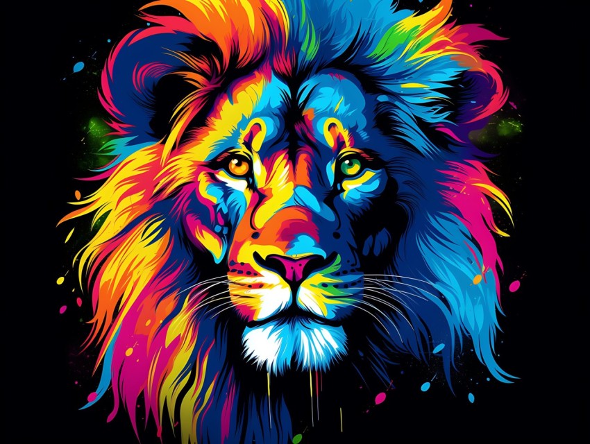 Colorful Lion Face Head Vivid Colors Pop Art Vector Illustrations Black Background (111)