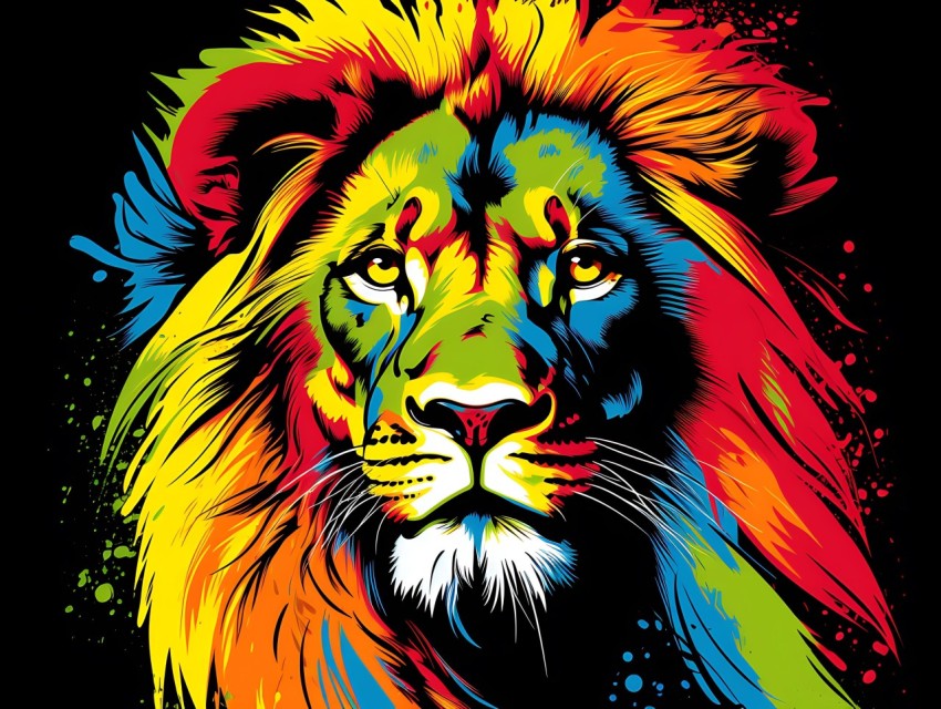 Colorful Lion Face Head Vivid Colors Pop Art Vector Illustrations Black Background (112)